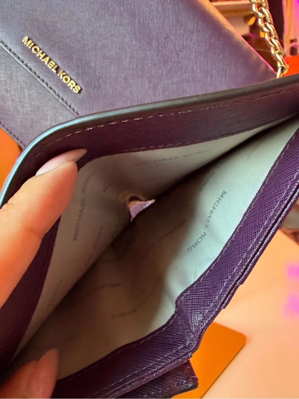 Michael Kors Plum Leather Shoulder Bag with Matching Wallet crossbody gold chain